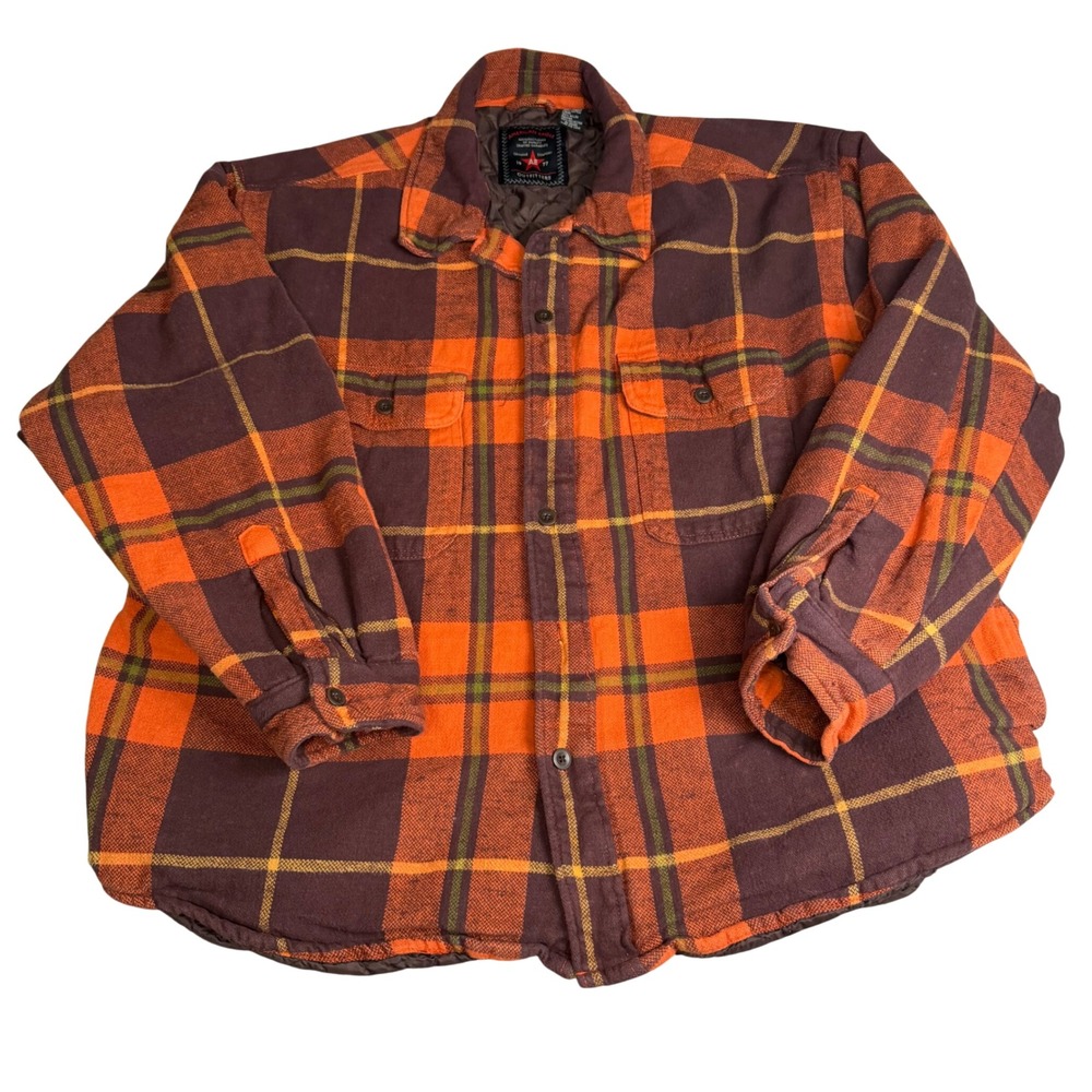 American Eagle Vintage Quilted Lined Flannel Shirt Jacket Orange Brown Plaid XL